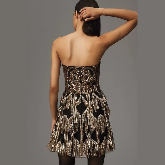 NEW Dress The Population Size L, XL Callie Fringe Strapless Mini Dress, Gold/Blk - Picture 2 of 6